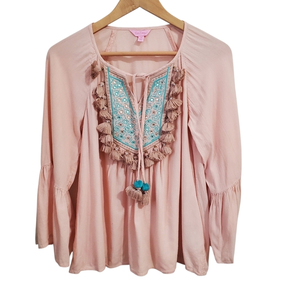 Lilly Pulitzer Shandy Top Tassels Pompom Embroidered XS Cotton Blend - Picture 4 of 14